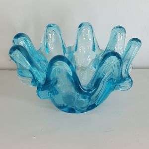 Vintage Aqua Blue HandBlown Art Glass-Splash Design/Swung Glass Ashtray- Trinket